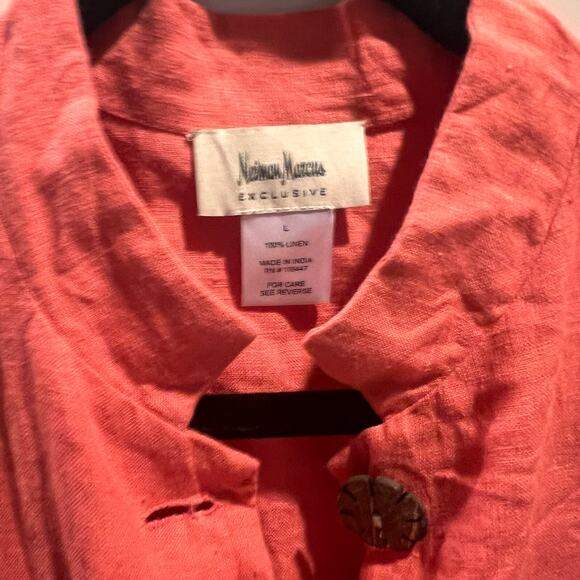 NEIMAN MARCUS Tunic Women’s Size L Salmon Pink 100% Linen Mandarin Collar Blouse - Picture 2 of 4